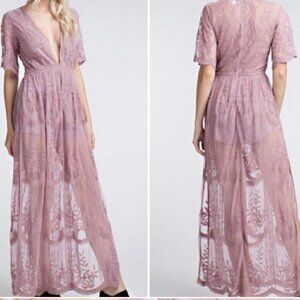 Honey Punch Open Road Romper With Nude Lace Maxi Dress Overlay SIZE XS/Small